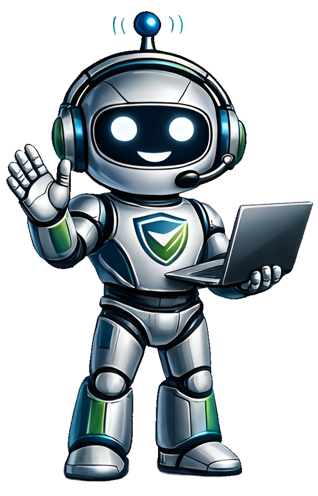 Trusty, the Trustivum AI compliance coach — a friendly navy robot with glowing gold eyes